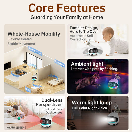New Self-Righting Pet Monitoring Robot, Mobile with Auto-Return, APP Remote Control, 2-Way Audio, 4G/WiFi Dual Connectivity, Smart Pet Following, Home Security Camera.