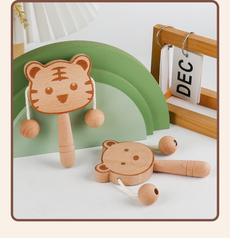 Wooden Cartoon Rattle for Babies - Newborn Safe Teething Toy, Traditional Early Education Hand Bell for Infants