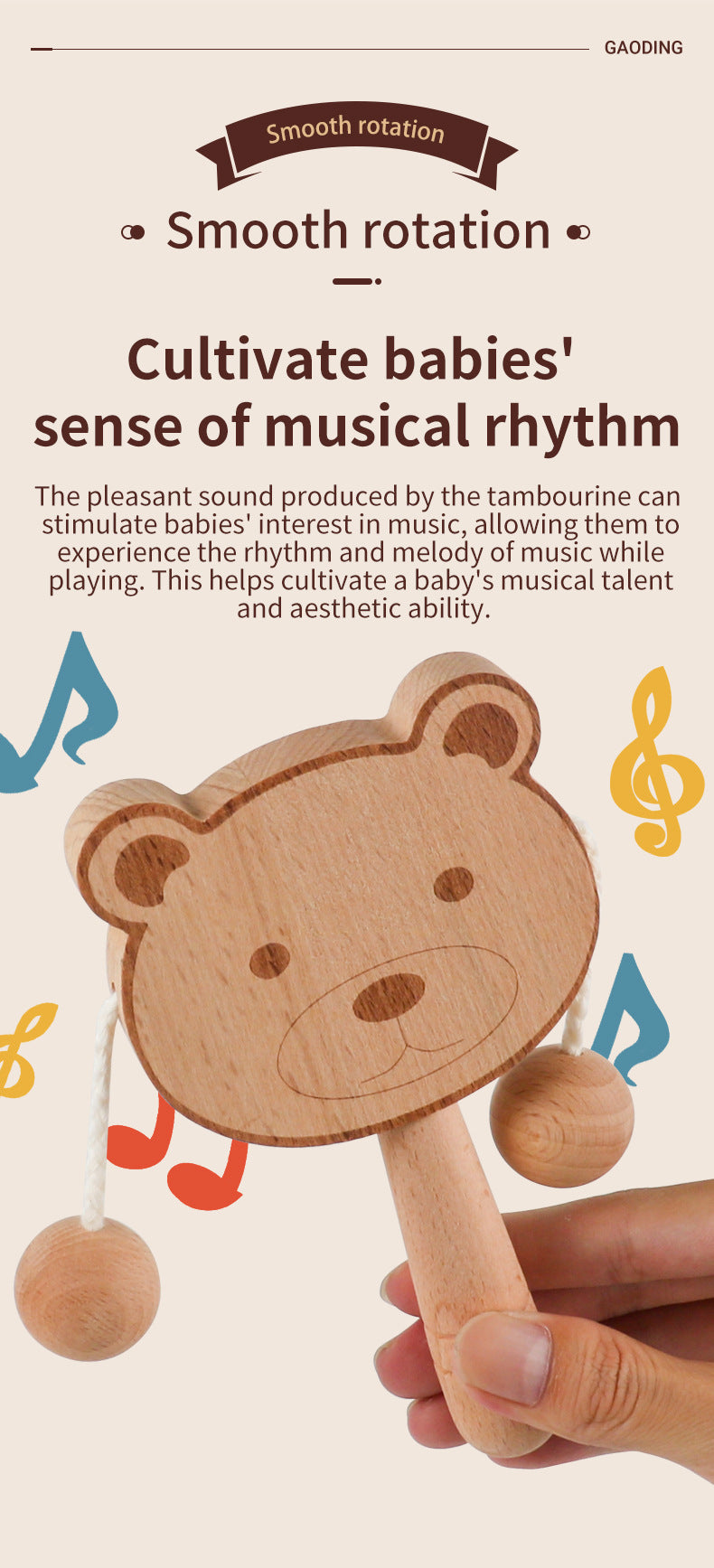 Wooden Cartoon Rattle for Babies - Newborn Safe Teething Toy, Traditional Early Education Hand Bell for Infants